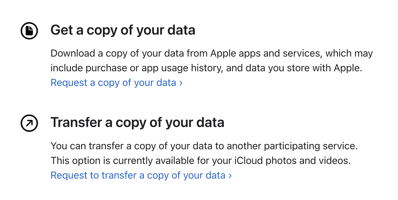 Apple's privacy site for downloading your data