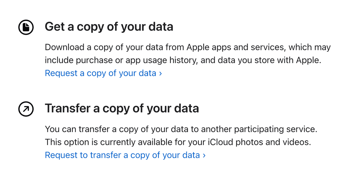 Apple's privacy site for downloading your data